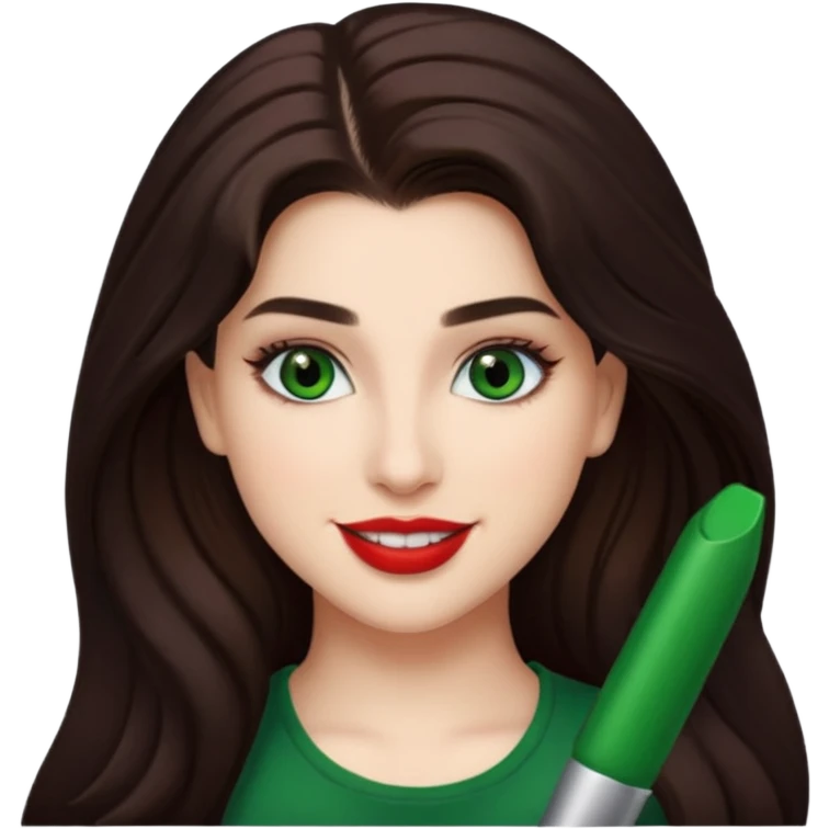 Lauren Jauregui with long dark brown hair, green eyes, red lip emoji
