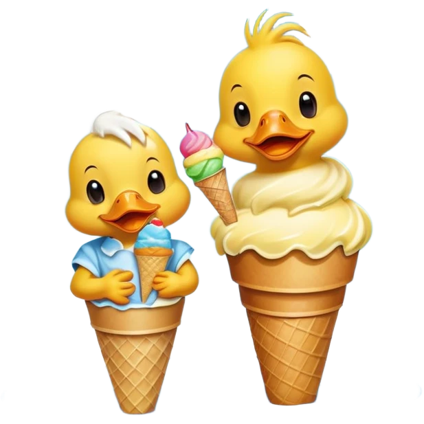 A cheerful cartoon duck and a small duckling sitting together, happily eating colorful ice cream cones on a sunny day, with a bright blue sky and fluffy clouds in the background. emoji