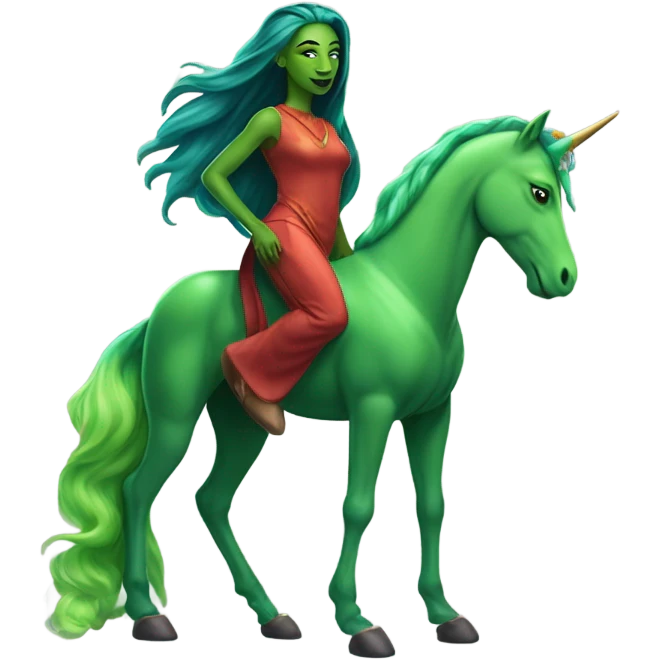four-legged red unicorn a green amazon alien woman, on a unicorn emoji