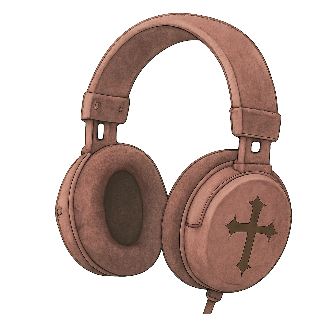 pink gothic headphones with soft shading, cross motifs, velvet texture, ghibli style emoji