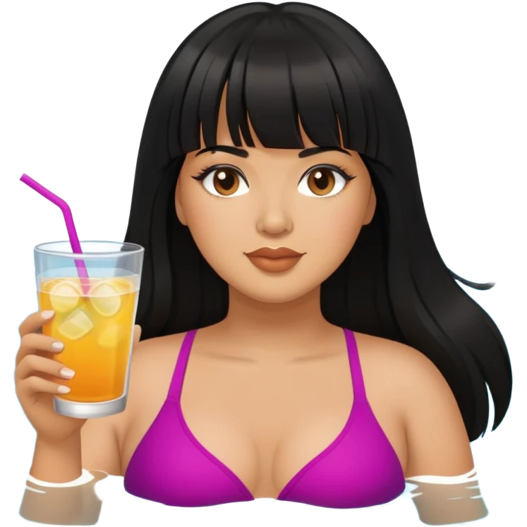 Latina female with bangs black long hair plus size swimming with a drink emoji
