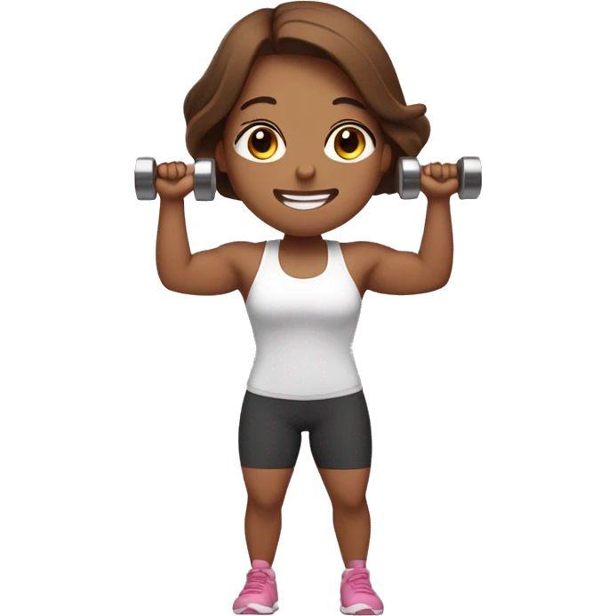 Gym girl lifting weights, pink skin, long and brown hair, eyes closed, smiling emoji