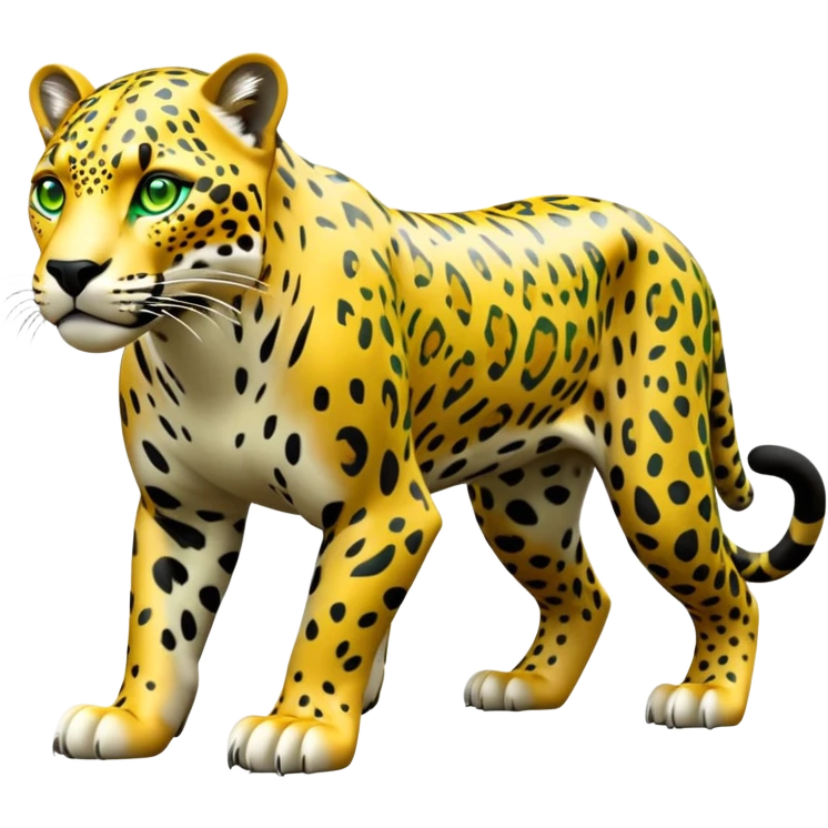 cinematic-jaguar-realistic-full-body-standing on all fours-emoji,-sleek-powerful-frame-poised-for-action,-yellow-fur-adorned-with-bold-black-rosettes,-head-tilted-dramatically,-piercing-green-eyes-locked-onto-its-prey,-simplified-yet-realistic-focused-features,-highly-detailed,-glowing-with-an-almost-sarcastic-glow emoji