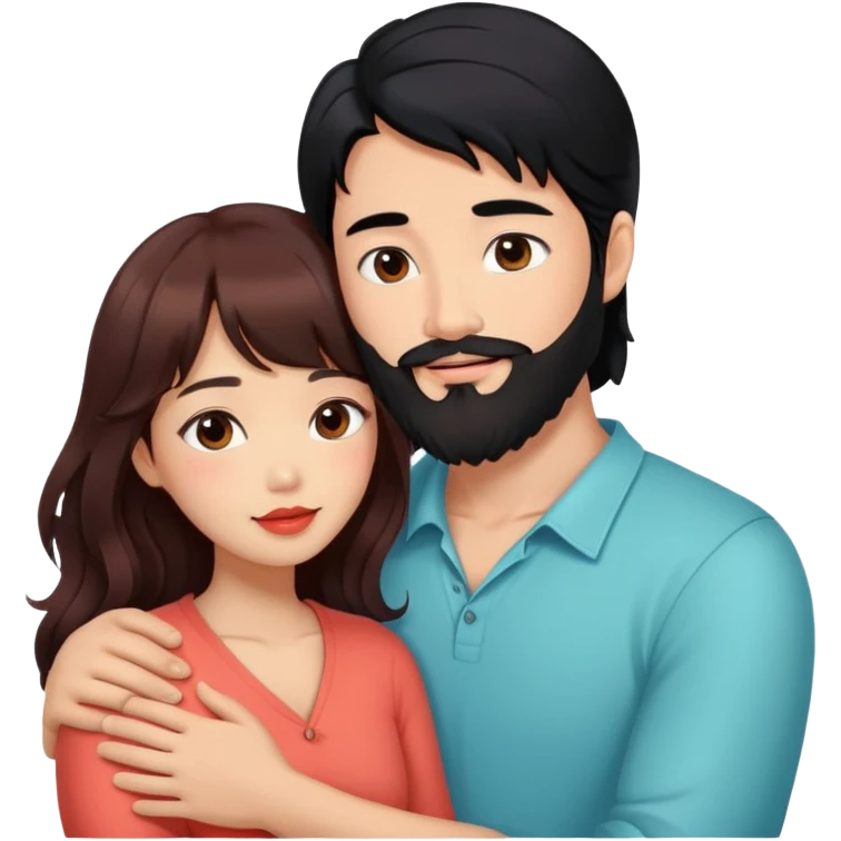 handsome asian man with black hair and beard, hugging cute tan skin woman with long wavy reddish brown hair with bangs and coral lipstick emoji