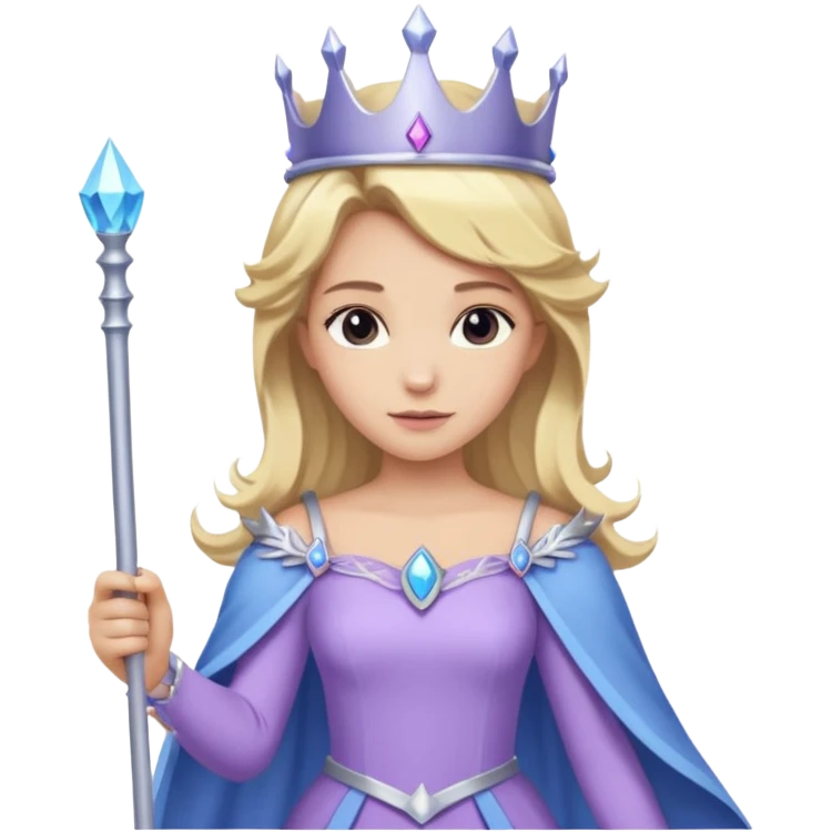 Someone wearing a light purple with blue dress with big shoulder sleeves with blonde hair and a silver crown with a long wand emoji