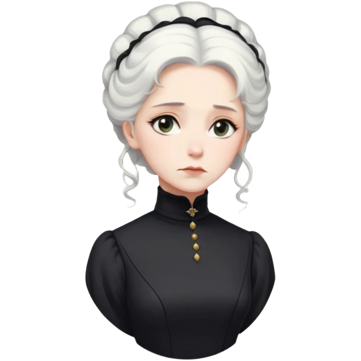 A Victorian woman with elegant coiffed white hair and light eyes wearing a modest unaccessorized black turtleneck mourning dress looking down with a forlorn expression emoji