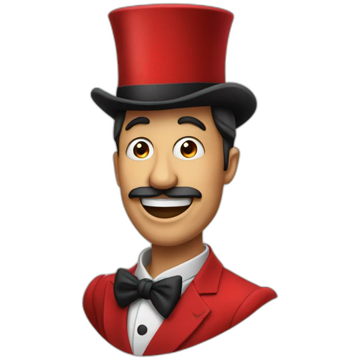 An entertainer in a red suit who has an open jaw instead of a head, and he also has a black top hat emoji
