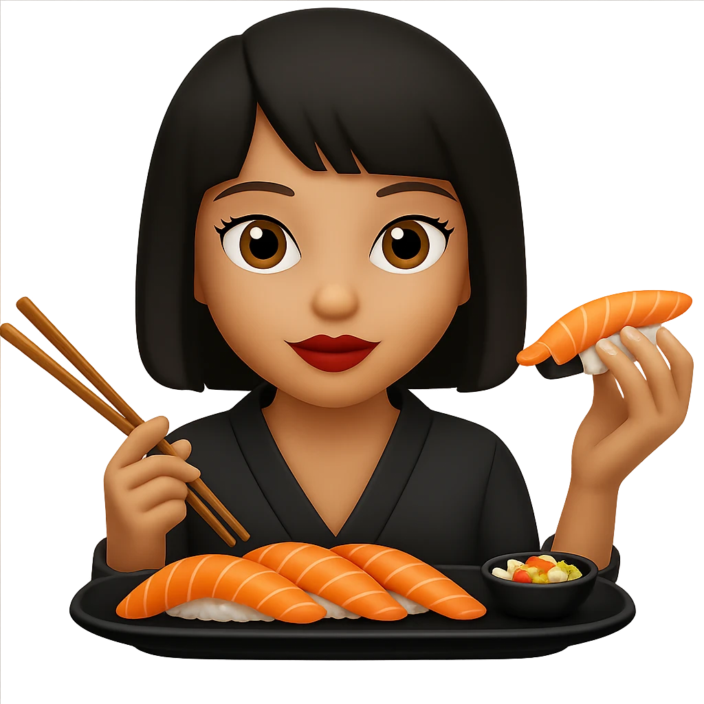 Edit the image of a girl eating sushi to have a short bob hairstyle. Keep the same style as the original image. Remove the background. emoji