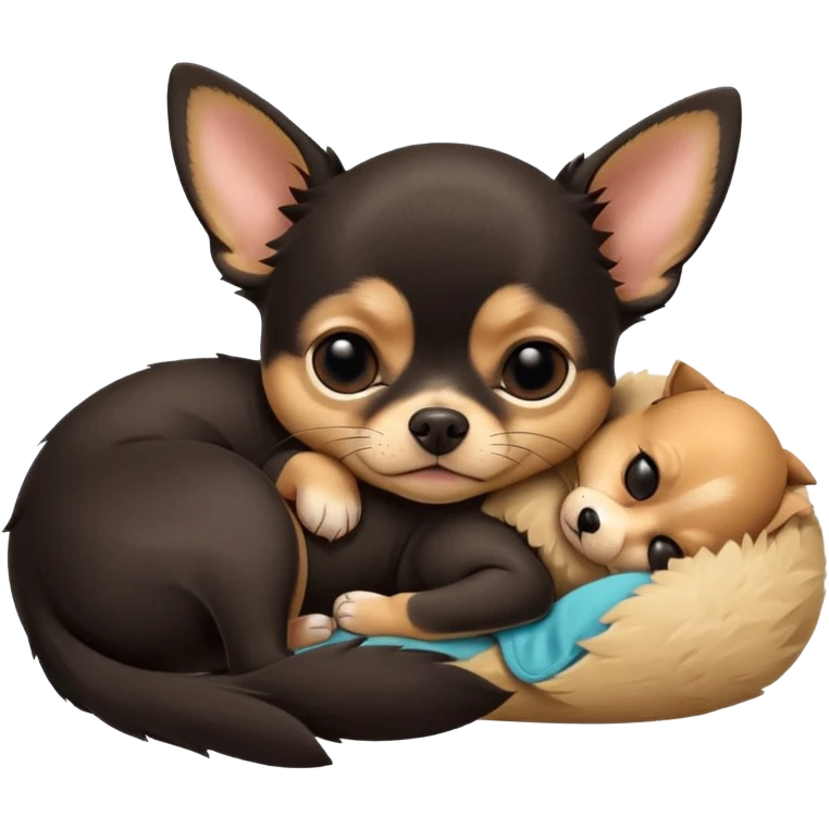 A high-resolution photo-realistic digital illustration of a cute black and tan chihuahua with big eyes shut sleeping lazily. emoji