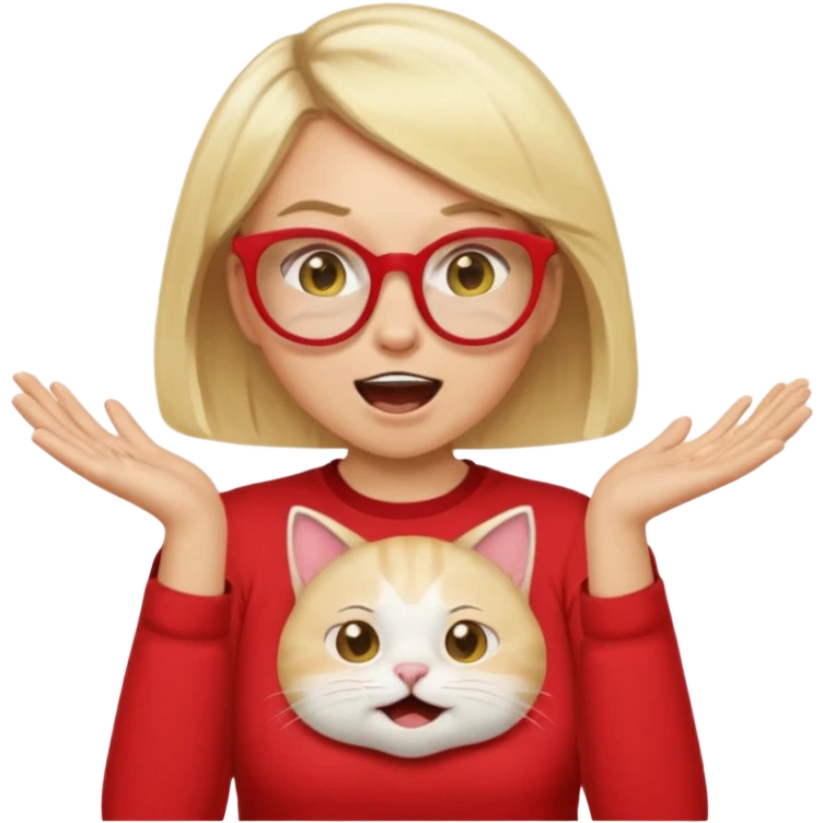 emoji style, waist-up woman with light skin, blonde bob hair, white cat-eye glasses, red shirt, both hands cupped around her mouth, shouting with joy on simple light background emoji