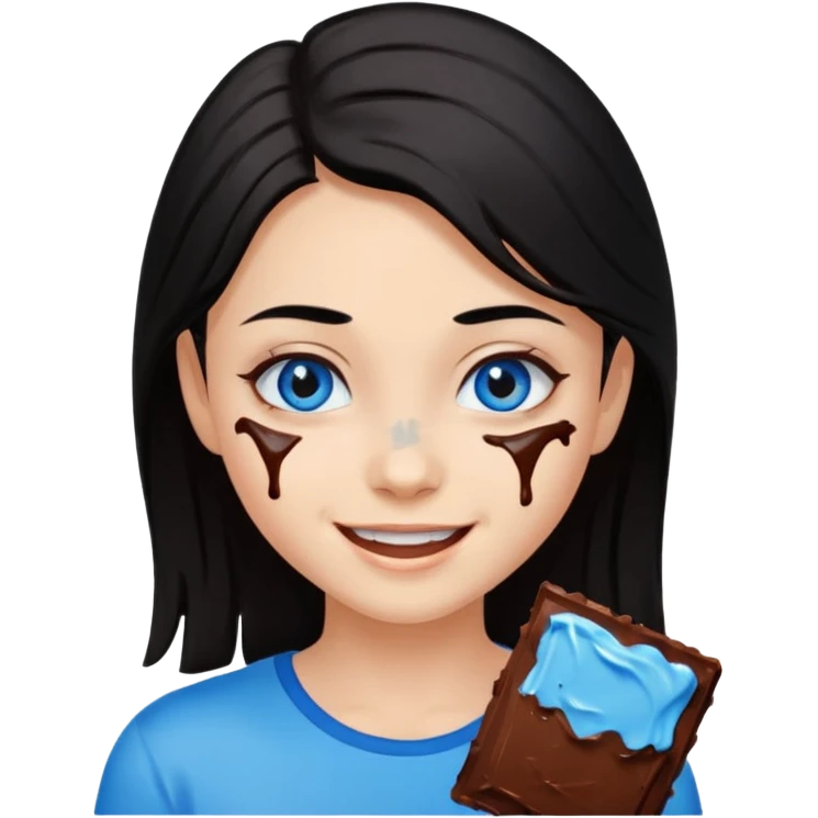 Girl with black hair and blue eyes with smeared chocolate on face emoji