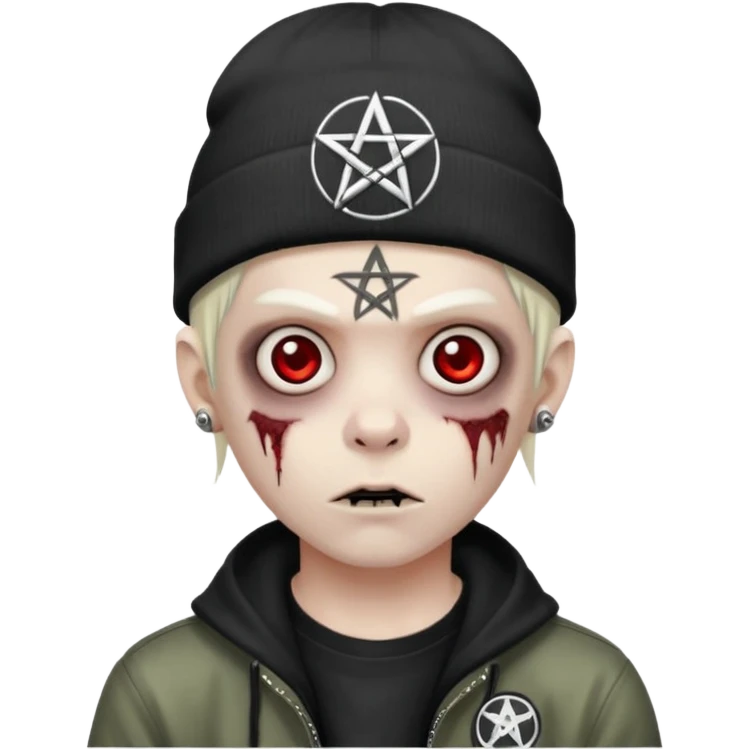 zombie boy emoji, apple style, pentagram on forehead, wearing beanie, emo, no text emoji