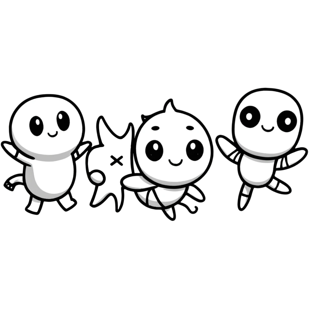 Three cartoon characters: X, 1, and X as individuals with faces and limbs emoji