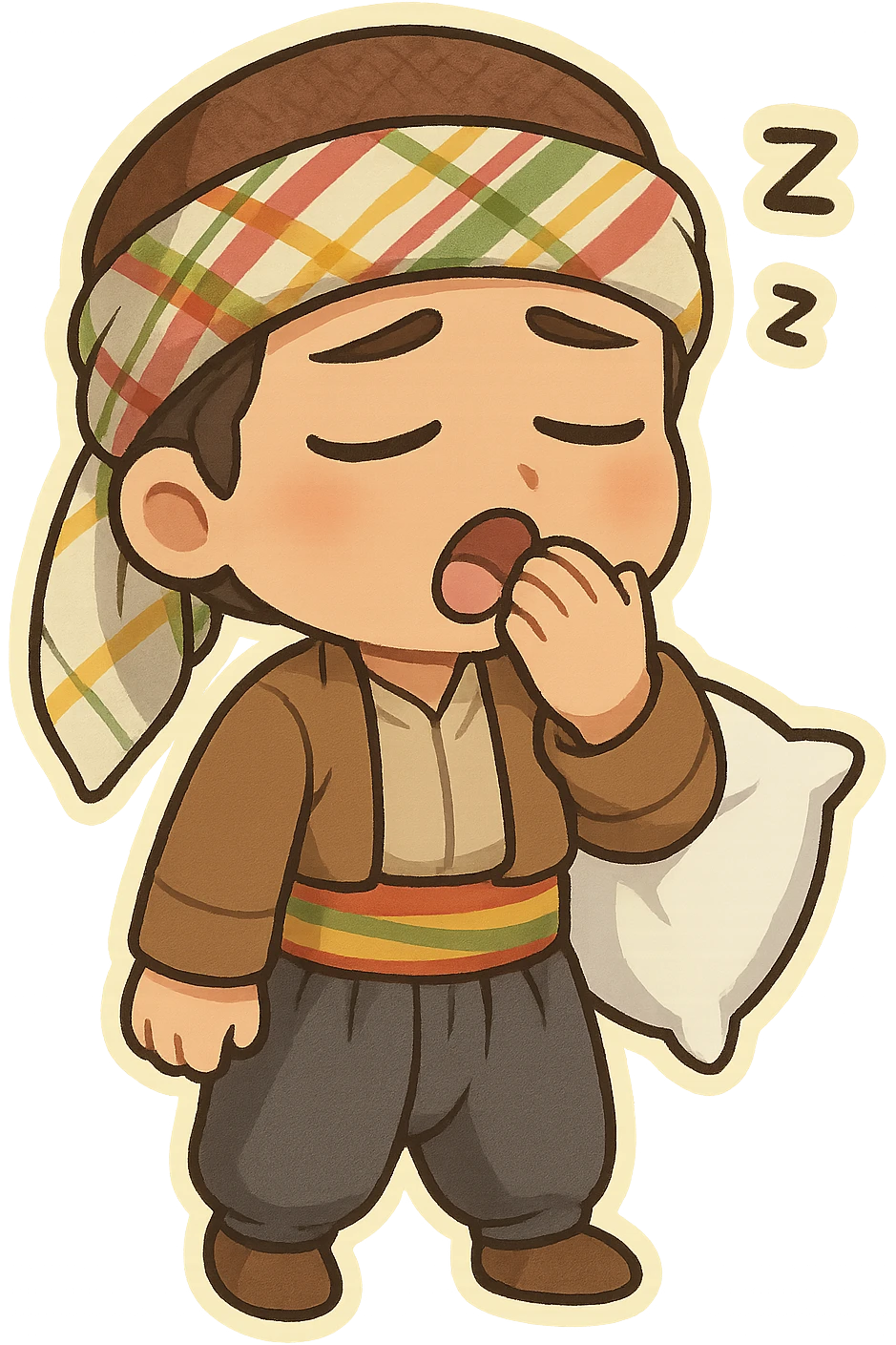 Kurdish sticker, sleepy mood, cartoon style, Kurdish person in traditional dress, yawning or eyes half-closed, maybe with a pillow or blanket, no text, suitable for messaging apps emoji