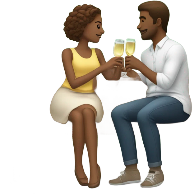 couple of white people, brown hair, sitting closely on a park bench, enjoying a romantic moment. One person is holding a croissant, and the other is holding a glass of Prosecco.  emoji