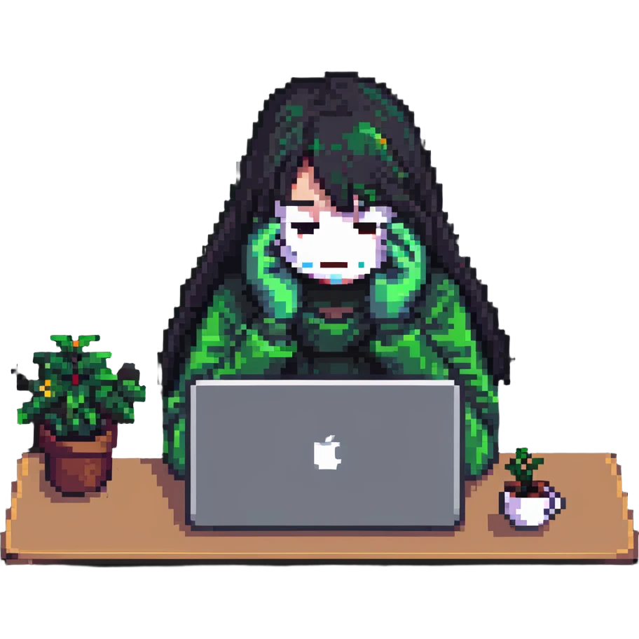 girl hiding her face while working behind a MacBook, pixel art style emoji