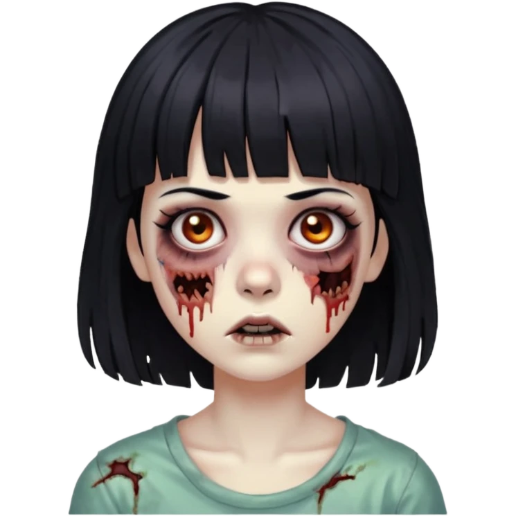 Zombie girl, black hair with bangs, slightly wavy, layered haircut, long eyelashes, black eyes. emoji