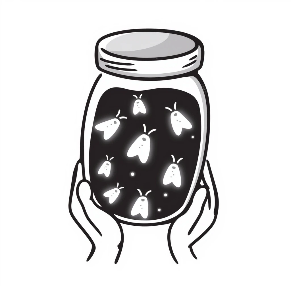 hand drawn doodle of a jar with fireflies, playful and simple emoji