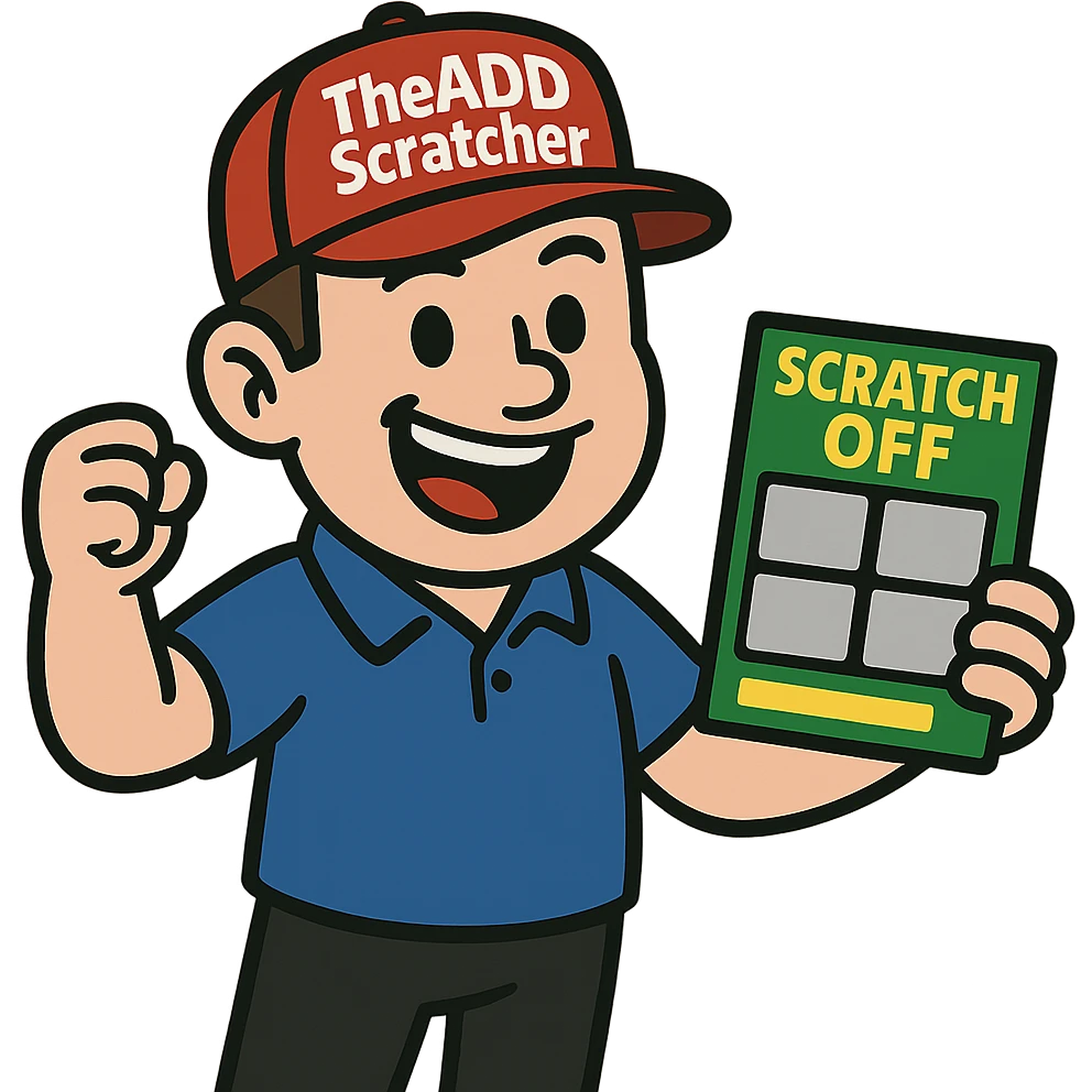 flat toon style mascot for TheADDScratcher, holding a scratcher ticket, fun and bold emoji