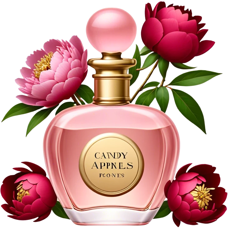 A Champagne Pink perfume bottle with delicate gold accents sits beside lush Candy Apple Red peonies. The rich contrast of soft pastels and deep reds creates a luxurious, romantic feel." emoji