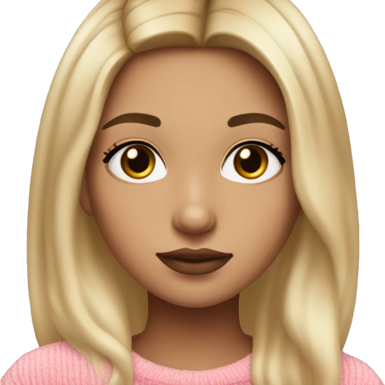 Girl wearing pink sweater with balayage hair dark roots and blonde ends with fair skin tone and dark brown eyes, full lips and small nose emoji