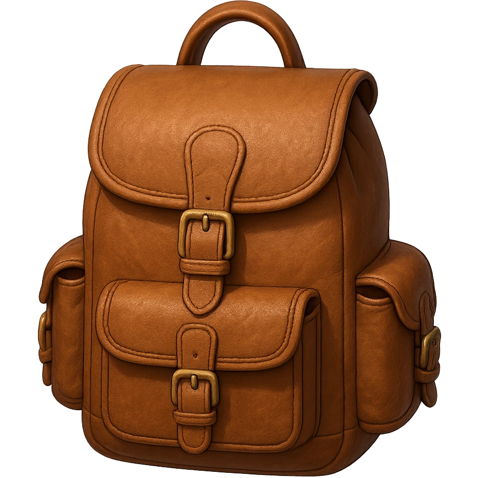Draw a Pixar-style leather backpack. The backpack should be visible from the front and top. emoji