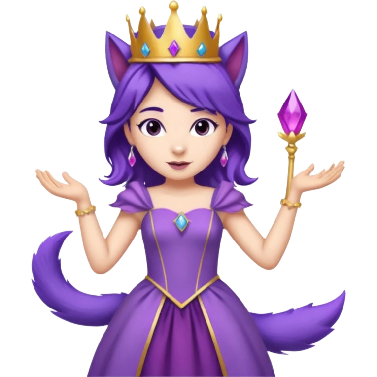 A princess wearing a purple dress and crown with purple hair and purple wolf ears and purple wolf tail character. doing different actions against a white background And make a gap between each illusion emoji