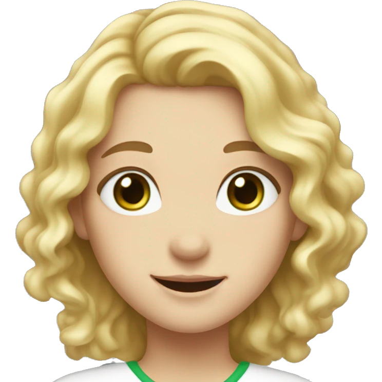 Girl, blond wavy hair with , green eyes, white skin and a sweet smile emoji