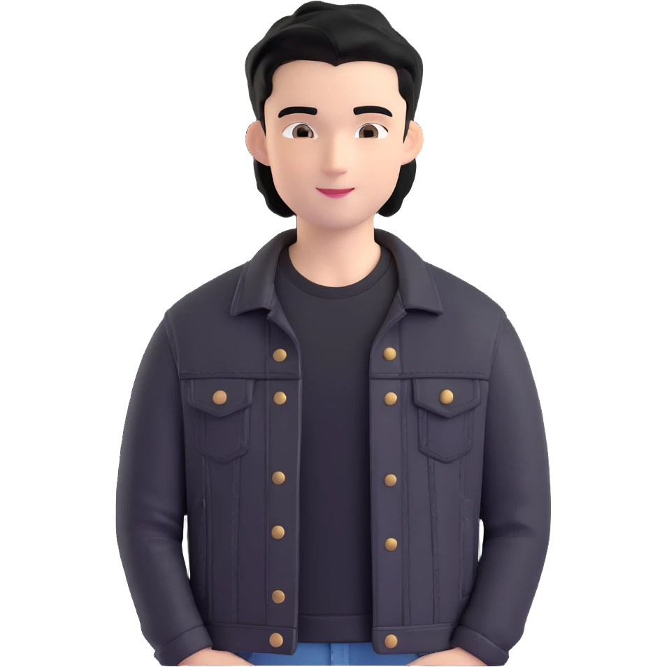 3D emoji style Microsoft, young man with black hair, wearing black t-shirt and black denim jacket, based on photo reference, slight smile emoji