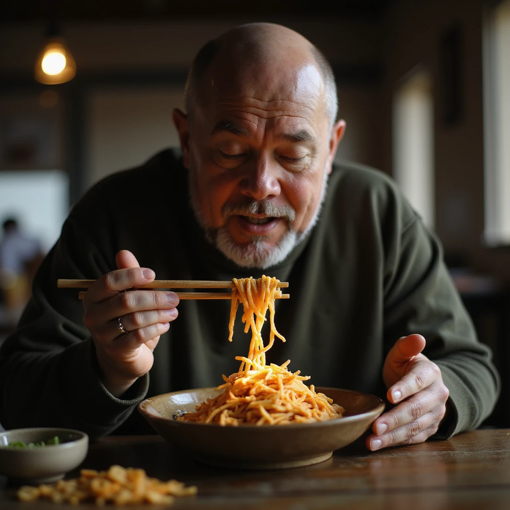 hyperrealistic 4K image of a man eating with chopsticks, food glowing with nutritional trails, gut microbiome celebrating, Zen table, reference image for facial features emoji