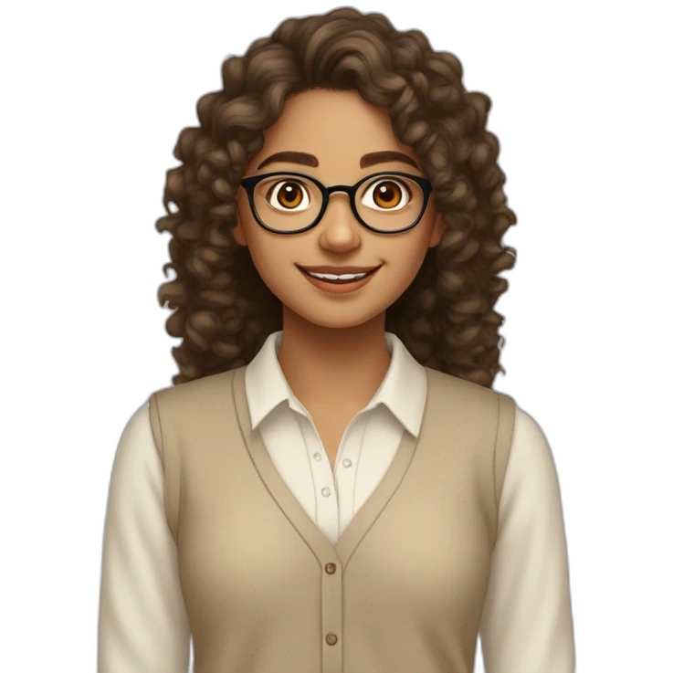 smiling indian teenage girl with curly hair and glasses wearing a collared long sleeve white shirt under a beige v shaped collar sweatervest with no buttons emoji