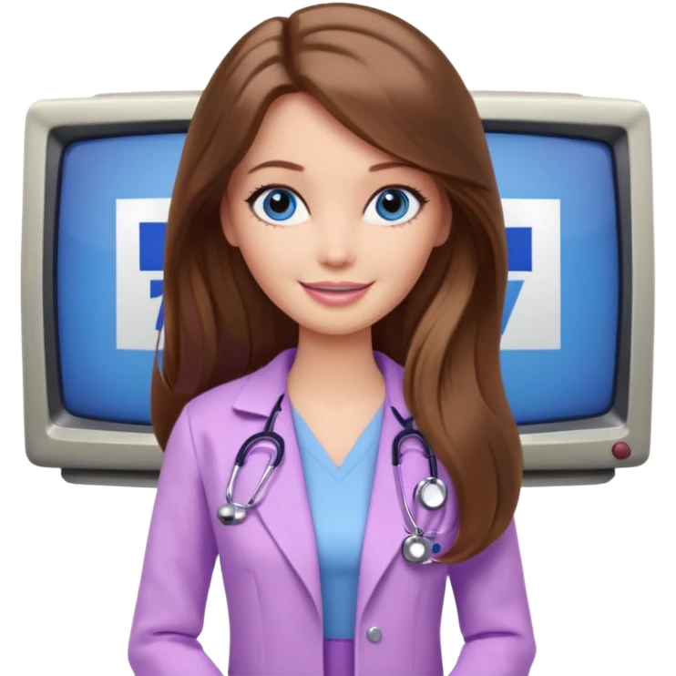 beautiful barbie girl with long brown hair, blue eyes and wearing light purple clothes watching tv show doctor who emoji