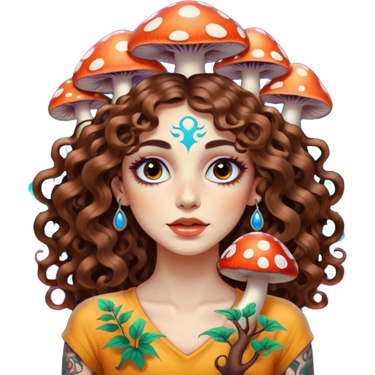 woman with long curly brown hair, brown eyes, white skin, tattoos, psychedelic mushrooms growing from her shadow emoji