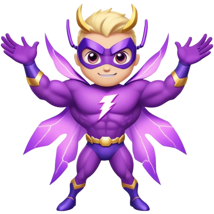 adorable purple insect superhero with big bulging muscles, electric lightning arms, huge cartoon eyes, and a confident smiling expression emoji