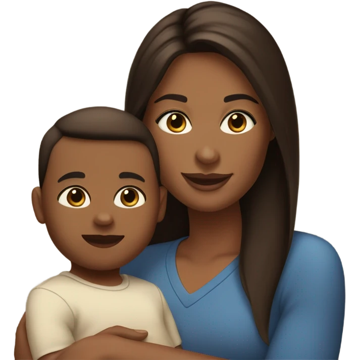 white woman, with straight long mid hair, dark brown hair, blue eyes, round face, uni-lips. holding her baby boy, one year old, brown skin, bit of hair straight brown smiling emoji