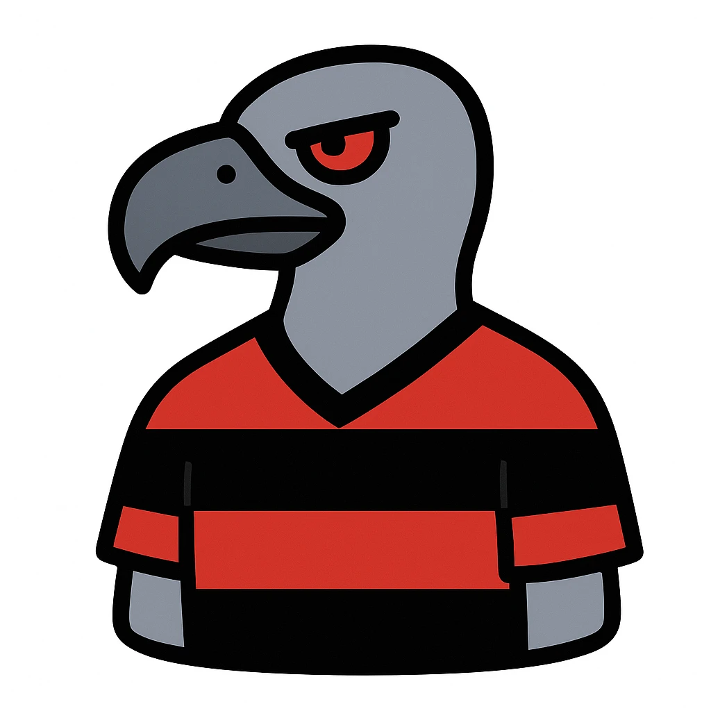 Create a simplified stylized emoji of a vulture wearing a red and black striped shirt inspired by the reference image. The emoji should be clear and recognizable with a simplified design suitable for emoji format. emoji