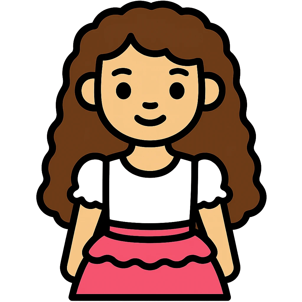 Make the girl with longer curly brown hair, keeping her light skin, brown eyes, white blouse with ruffles, and pink skirt with ruffles, no background. emoji