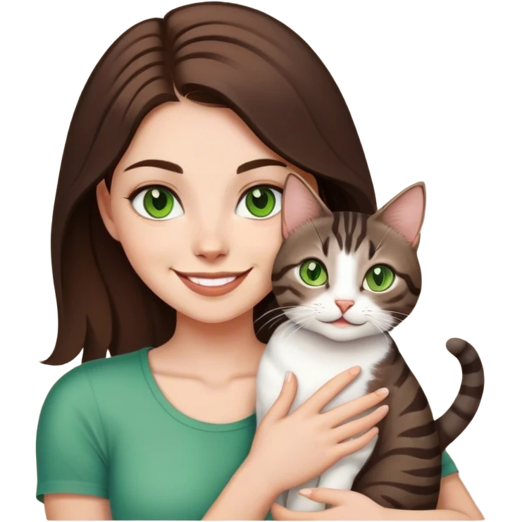 brunette white girl green eyes holding a dark brown white tabby cat smiling emoji