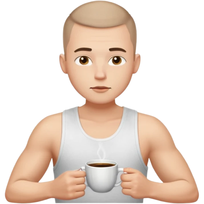 a white short guy wearing a white tank top with a buzz cut drinking a cup of coffee emoji