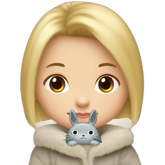 bébé fille blonde décoiffée avec une peluche Totoro  emoji