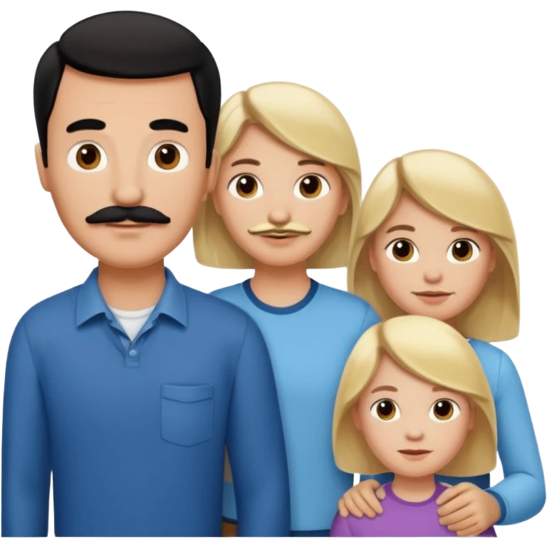 Family of 5. Mom, dad, 2 boys, one girl. Kids have blonde hair. Mom has light brown hair. Dad has black hair with mustache. emoji