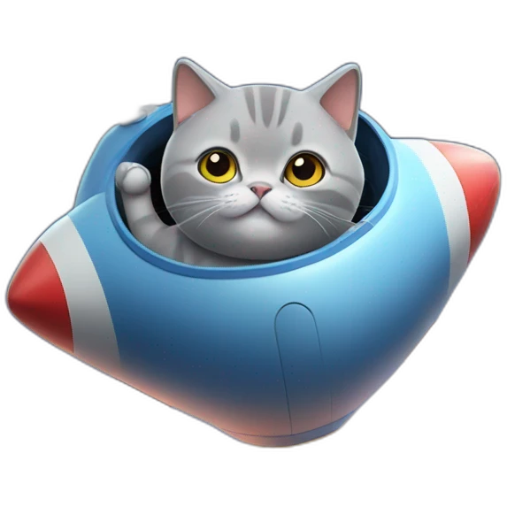 British Shorthair Blue Cat ride a rocket emoji