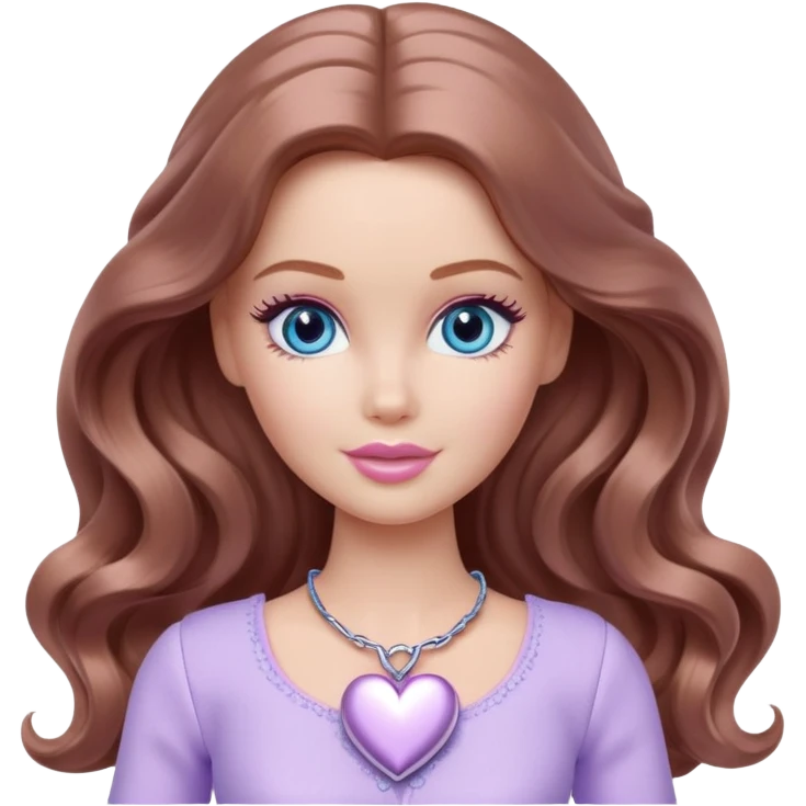 Barbie girl Chestnut long wavy hair and blue eyes is In pale purple clothes a silver heart  emoji