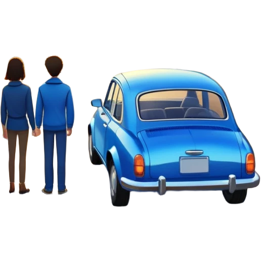A parked blue car sits quietly on the side of an open road, facing a breathtaking sunset. Two people stand outside, backs turned, watching the horizon. The road stretches endlessly ahead, surrounded by a peaceful, glowing landscape full of light, warmth, and possibilit emoji