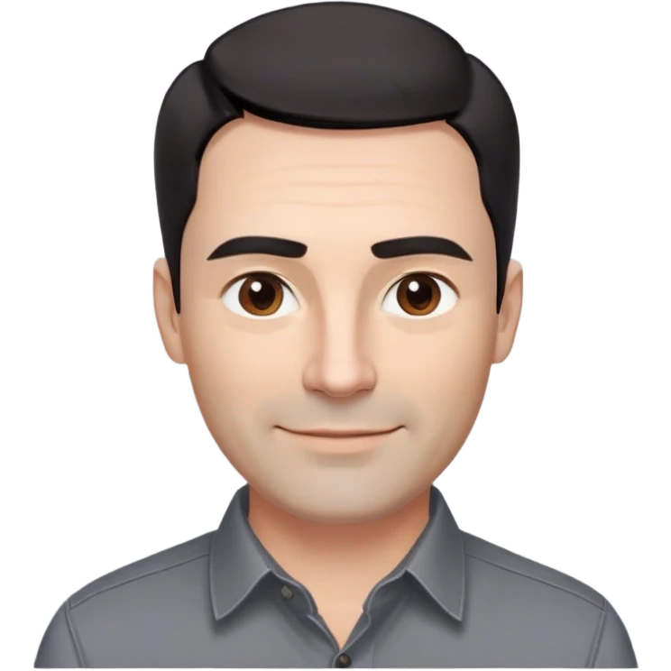 Professional-looking man in his 40s with wide square face, defined jawline, full cheeks, warm smile, medium brown eyes, prominent natural eyebrows, straight wide nose, slightly upturned lips, short fade haircut with dark almost black hair, wearing a gray button-up shirt emoji