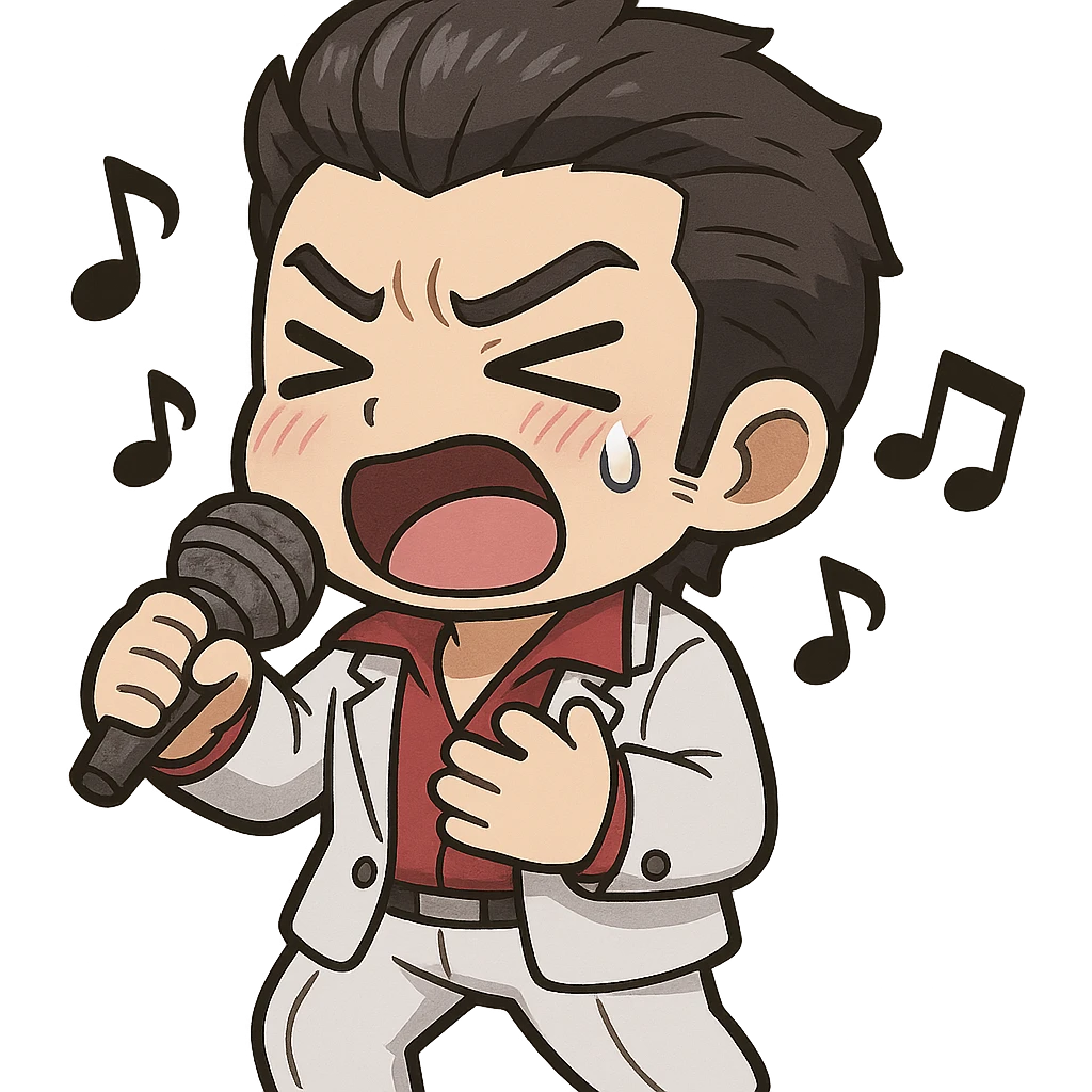 chibi Kiryu in karaoke pose, eyes shut tight, mouth wide, single tear, blushing, one hand on chest, other with microphone, music notes, simplified white suit and red shirt, slicked-back hair, adorable and expressive, chibi style emoji