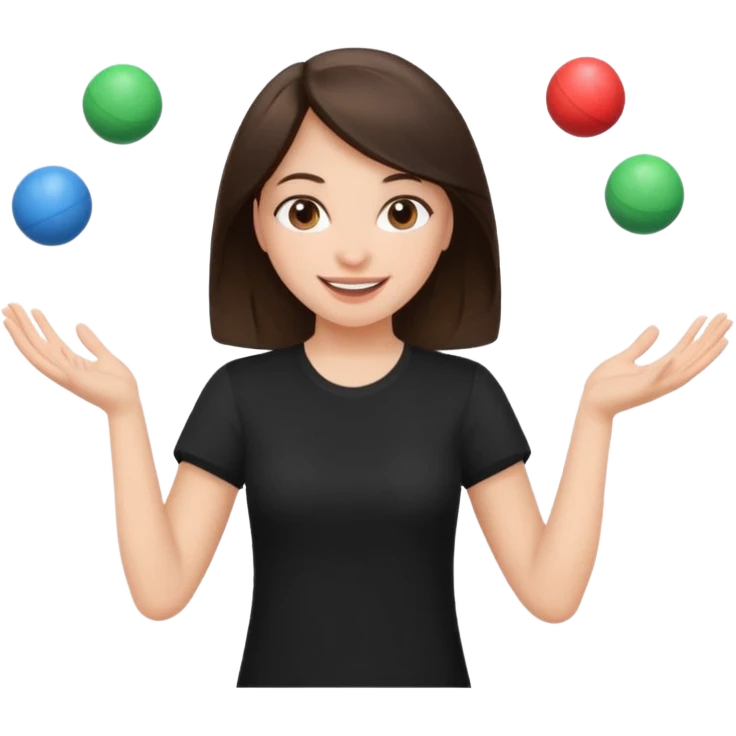 a brunette girl in a black shirt is  juggling  with two hands  emoji