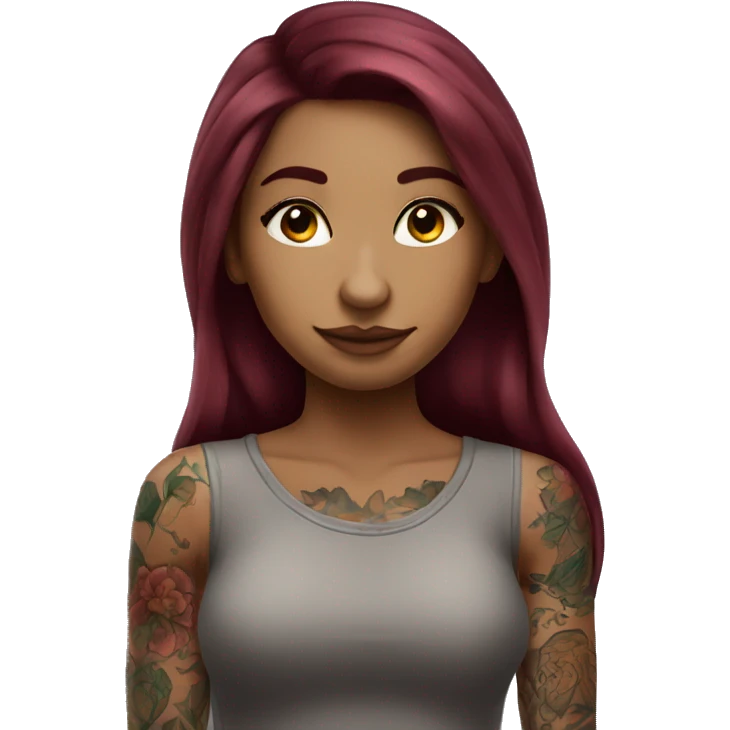 Beautiful tattooed  burgundy long haired woman blushing emoji