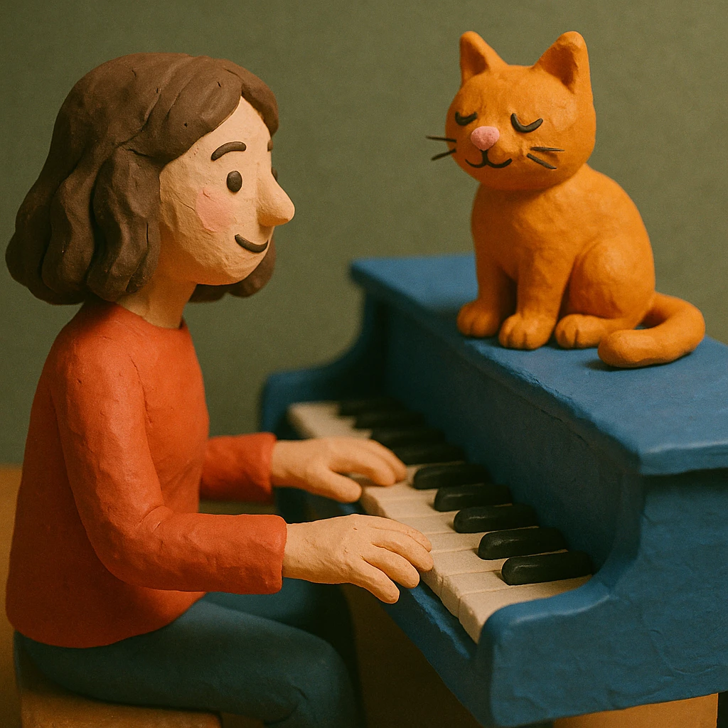 woman playing piano while her cat sits on top of the piano emoji
