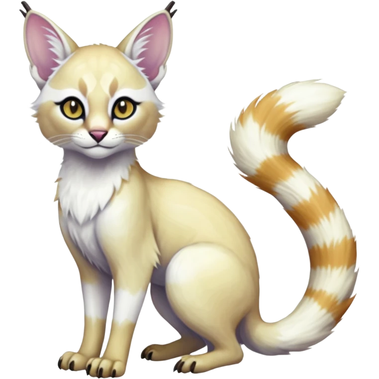 Colorful tropical pearly-albino-white iridescent glorious divine exotic cute cool beautiful shiny beautiful fantasy-caracal-civet-genet-sergal-vernid-Cacomistle-oncilla-animal-Fakémon-hybrid-fursona with tufted ears (full body) emoji